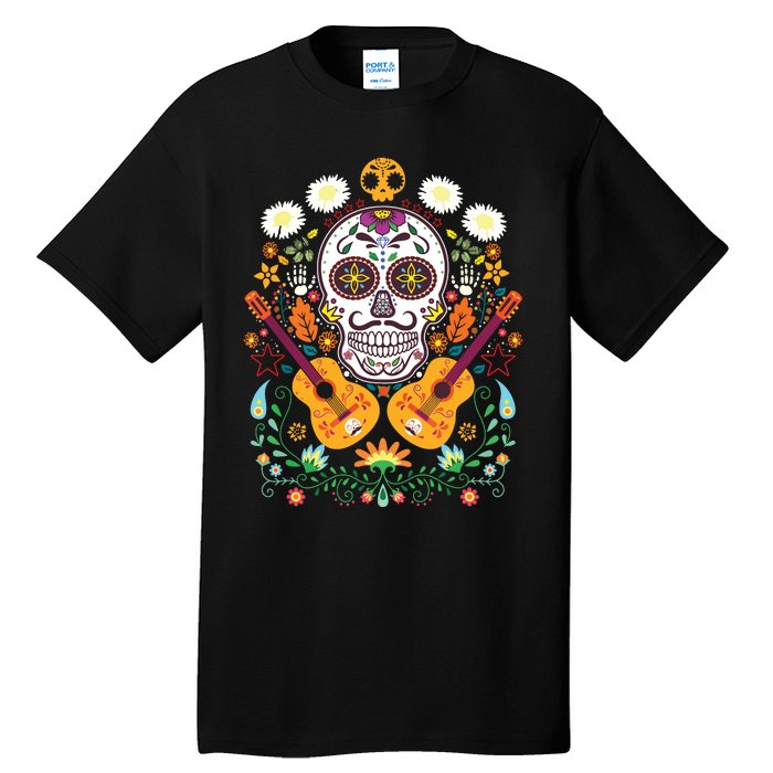 Flower Guitar Skull Day Of The Dead Gifts Mariachi Tall T-Shirt