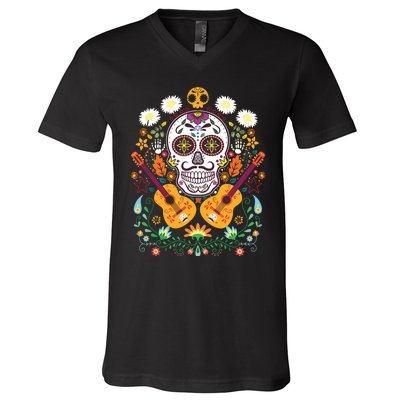 Flower Guitar Skull Day Of The Dead Gifts Mariachi V-Neck T-Shirt