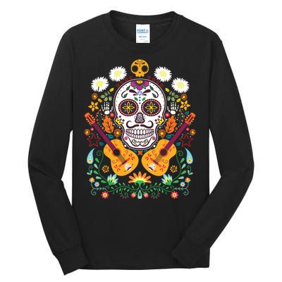 Flower Guitar Skull Day Of The Dead Gifts Mariachi Tall Long Sleeve T-Shirt