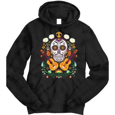 Flower Guitar Skull Day Of The Dead Gifts Mariachi Tie Dye Hoodie