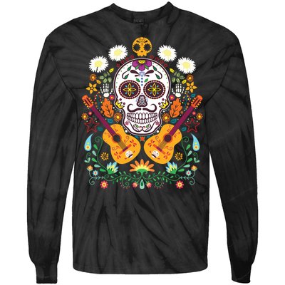 Flower Guitar Skull Day Of The Dead Gifts Mariachi Tie-Dye Long Sleeve Shirt