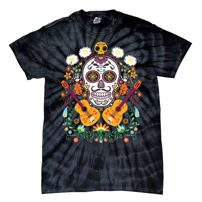 Flower Guitar Skull Day Of The Dead Gifts Mariachi Tie-Dye T-Shirt