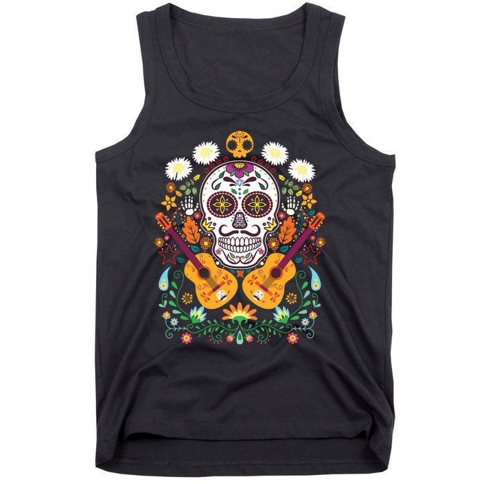 Flower Guitar Skull Day Of The Dead Gifts Mariachi Tank Top