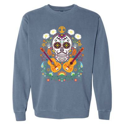 Flower Guitar Skull Day Of The Dead Gifts Mariachi Garment-Dyed Sweatshirt