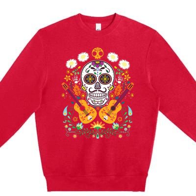 Flower Guitar Skull Day Of The Dead Gifts Mariachi Premium Crewneck Sweatshirt