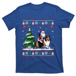 Funny Gift Santa Riding Rough Collie Dog Tree Lighting Christmas T-Shirt