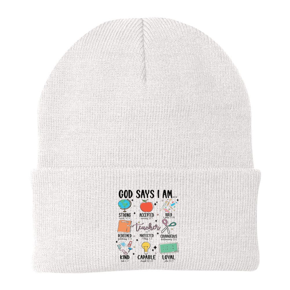 Funny God Says I Am Teacher Bible Verse Christian Teacher Teacher God Says Beanie
