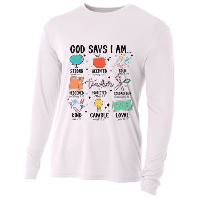 Funny God Says I Am Teacher Bible Verse Christian Teacher Teacher God Says Cooling Performance Long Sleeve Crew