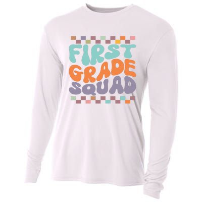 First Grade Squad Retro Groovy Women Happy First Day Of School Gift Cooling Performance Long Sleeve Crew