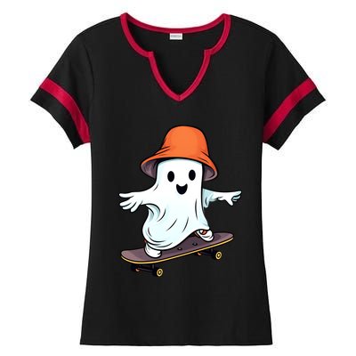 Funny Ghost Skateboard Skateboarding Retro Halloween Costume Gift Ladies Halftime Notch Neck Tee