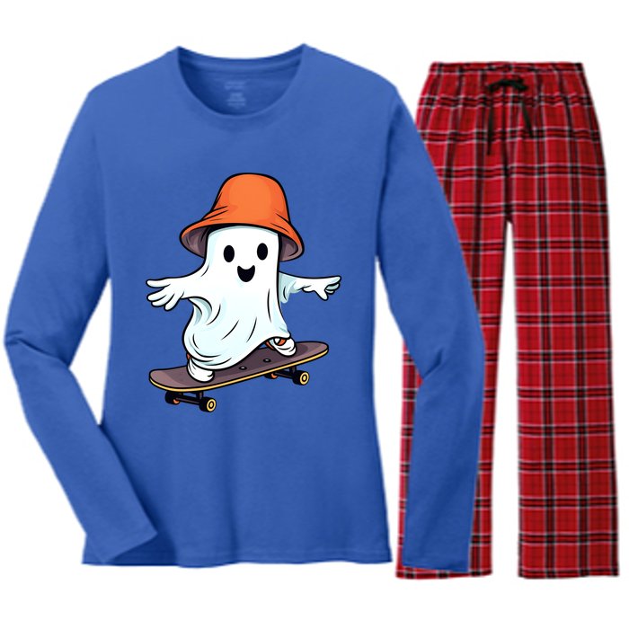 Funny Ghost Skateboard Skateboarding Retro Halloween Costume Gift Women's Long Sleeve Flannel Pajama Set 