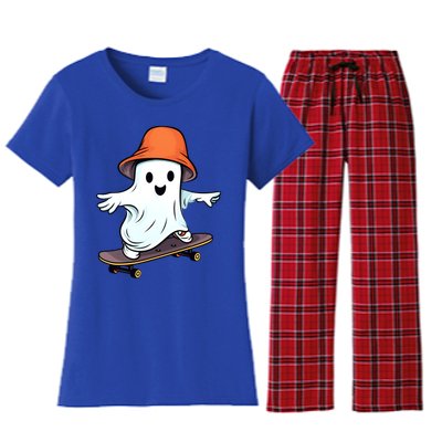 Funny Ghost Skateboard Skateboarding Retro Halloween Costume Gift Women's Flannel Pajama Set