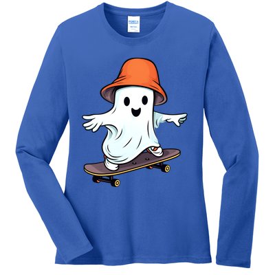 Funny Ghost Skateboard Skateboarding Retro Halloween Costume Gift Ladies Long Sleeve Shirt