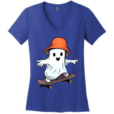 Funny Ghost Skateboard Skateboarding Retro Halloween Costume Gift Women's V-Neck T-Shirt