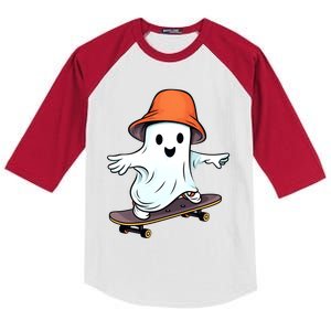 Funny Ghost Skateboard Skateboarding Retro Halloween Costume Gift Kids Colorblock Raglan Jersey