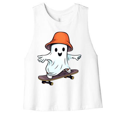 Funny Ghost Skateboard Skateboarding Retro Halloween Costume Gift Women's Racerback Cropped Tank