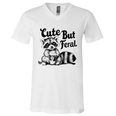 Feral Girl Summer Funny Meme Cute But Feral Raccoon Vacation V-Neck T-Shirt