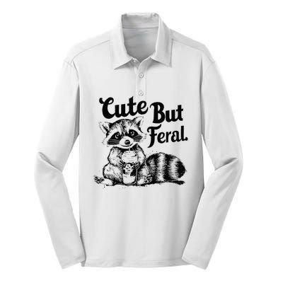 Feral Girl Summer Funny Meme Cute But Feral Raccoon Vacation Silk Touch Performance Long Sleeve Polo