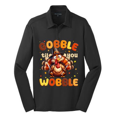 Funny Gobble Til You Wobble Thanksgiving Turkey Silk Touch Performance Long Sleeve Polo