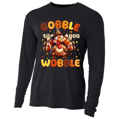 Funny Gobble Til You Wobble Thanksgiving Turkey Cooling Performance Long Sleeve Crew