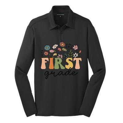 First Grade Teacher Wildflower Back To School Floral Outfits Silk Touch Performance Long Sleeve Polo