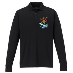 Funny Gift Turtle On A Snowboard Snowboarding Performance Long Sleeve Polo