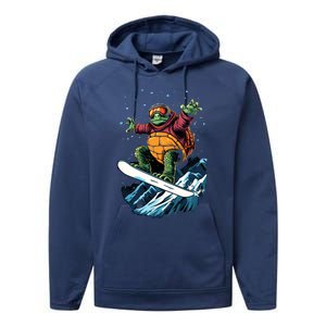 Funny Gift Turtle On A Snowboard Snowboarding Performance Fleece Hoodie