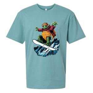 Funny Gift Turtle On A Snowboard Snowboarding Sueded Cloud Jersey T-Shirt