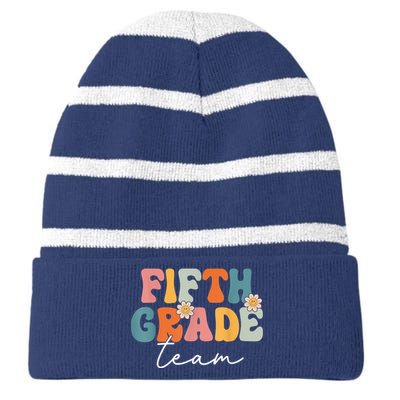 Fifth Grade Team Retro Groovy Back To School 5th Grade Striped Beanie with Solid Band