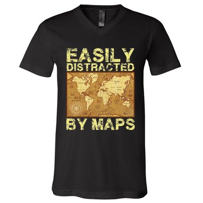 Funny Geography Teacher Easily Distracted By Maps V-Neck T-Shirt