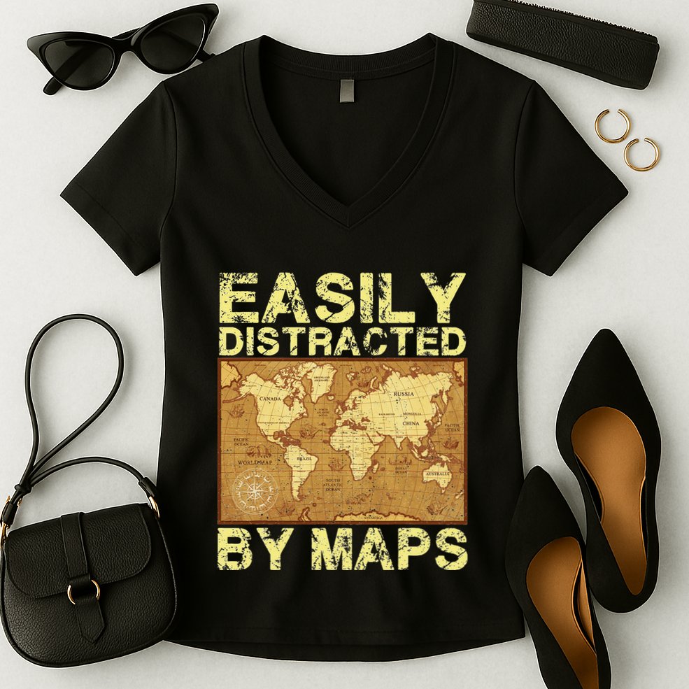 Funny Geography Teacher Easily Distracted By Maps Women's V-Neck T-Shirt