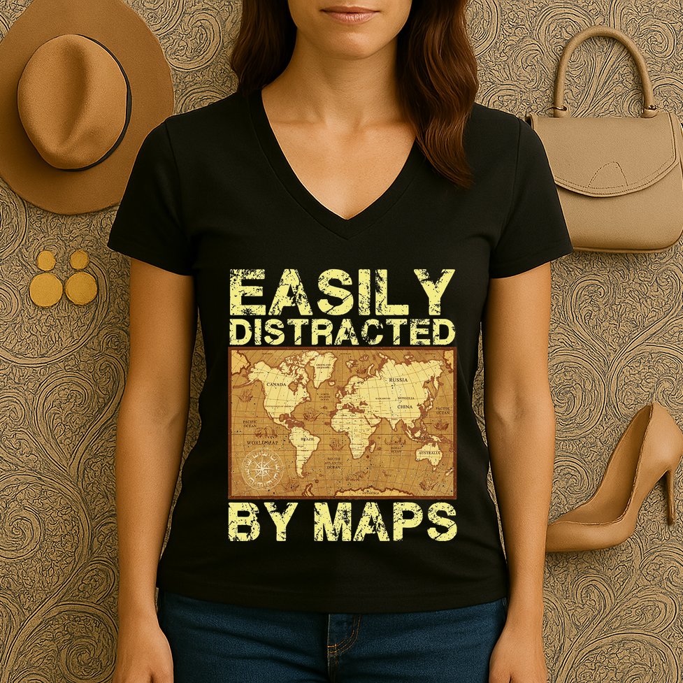 Funny Geography Teacher Easily Distracted By Maps Women's V-Neck T-Shirt