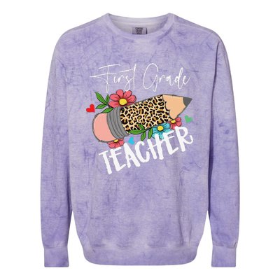 First Grade Teacher Leopard Pencil 1st Grade  Teacher Colorblast Crewneck Sweatshirt