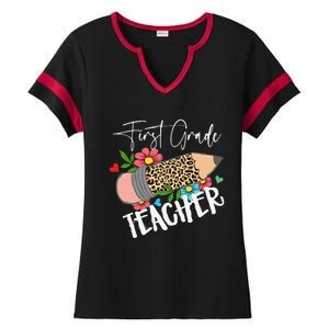 First Grade Teacher Leopard Pencil 1st Grade  Teacher Ladies Halftime Notch Neck Tee