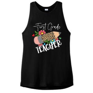 First Grade Teacher Leopard Pencil 1st Grade  Teacher Ladies PosiCharge Tri-Blend Wicking Tank