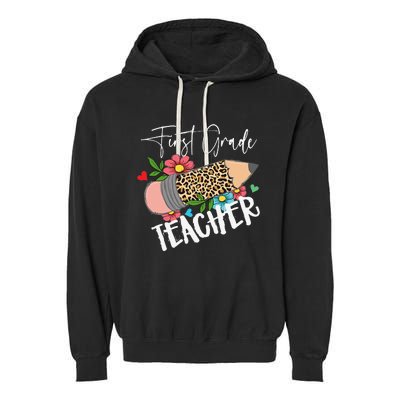 First Grade Teacher Leopard Pencil 1st Grade  Teacher Garment-Dyed Fleece Hoodie