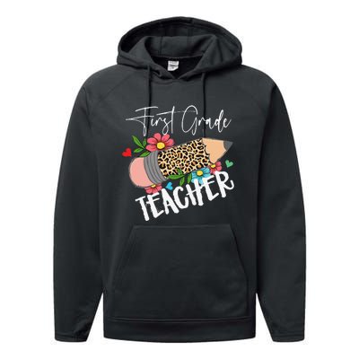 First Grade Teacher Leopard Pencil 1st Grade  Teacher Performance Fleece Hoodie