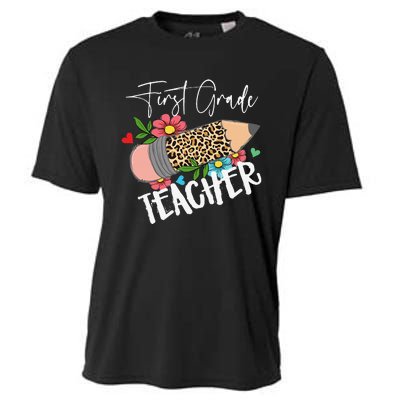 First Grade Teacher Leopard Pencil 1st Grade  Teacher Cooling Performance Crew T-Shirt