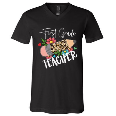 First Grade Teacher Leopard Pencil 1st Grade  Teacher V-Neck T-Shirt