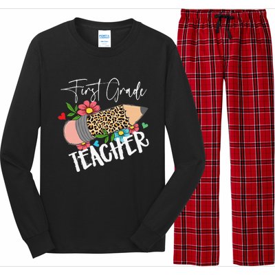 First Grade Teacher Leopard Pencil 1st Grade  Teacher Long Sleeve Pajama Set