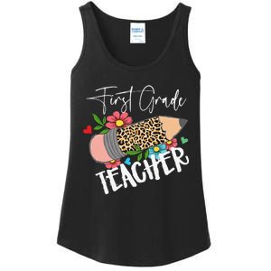 First Grade Teacher Leopard Pencil 1st Grade  Teacher Ladies Essential Tank