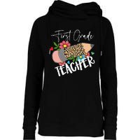 First Grade Teacher Leopard Pencil 1st Grade  Teacher Womens Funnel Neck Pullover Hood