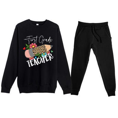 First Grade Teacher Leopard Pencil 1st Grade  Teacher Premium Crewneck Sweatsuit Set