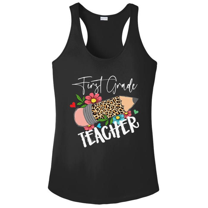 First Grade Teacher Leopard Pencil 1st Grade  Teacher Ladies PosiCharge Competitor Racerback Tank