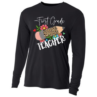 First Grade Teacher Leopard Pencil 1st Grade  Teacher Cooling Performance Long Sleeve Crew