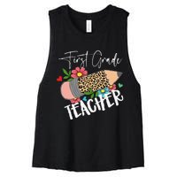 First Grade Teacher Leopard Pencil 1st Grade  Teacher Women's Racerback Cropped Tank