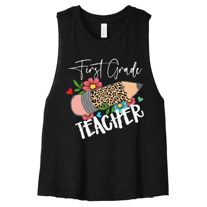 First Grade Teacher Leopard Pencil 1st Grade  Teacher Women's Racerback Cropped Tank