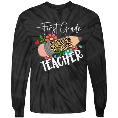 First Grade Teacher Leopard Pencil 1st Grade  Teacher Tie-Dye Long Sleeve Shirt