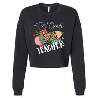 First Grade Teacher Leopard Pencil 1st Grade  Teacher Cropped Pullover Crew