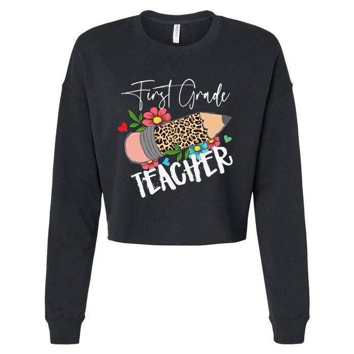 First Grade Teacher Leopard Pencil 1st Grade  Teacher Cropped Pullover Crew